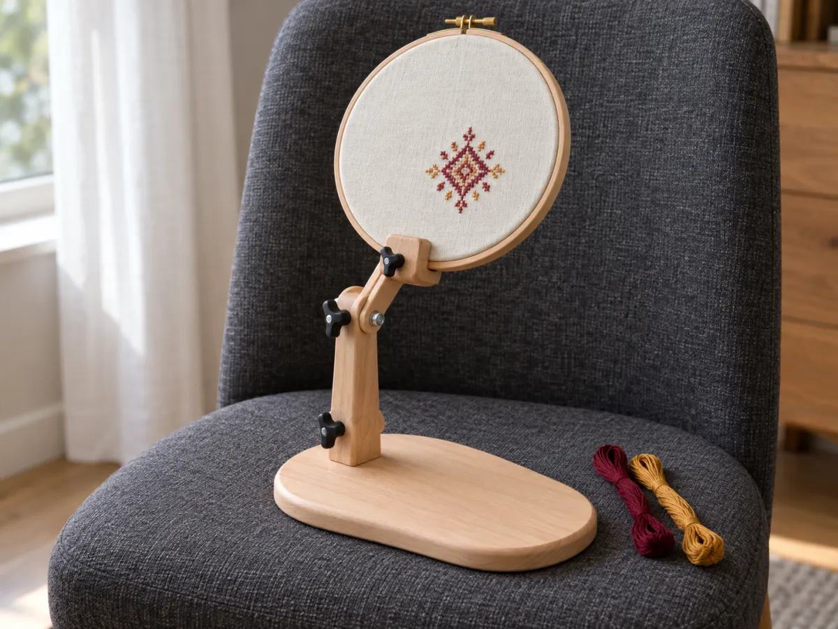 A wooden embroidery stand on a dark chair, holding a cream fabric hoop with burgundy and gold stitching; matching thread lies beside the base.