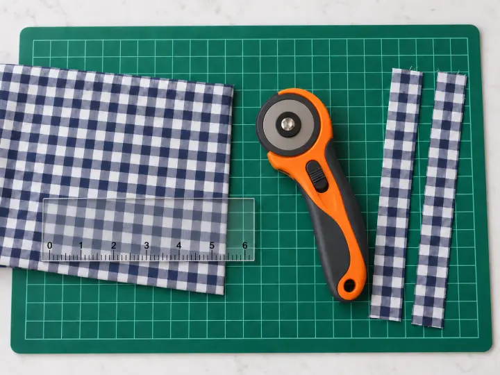 An orange rotary fabric cutter with its blade guard closed, a clear ruler and navy gingham fabric on a green cutting mat.
