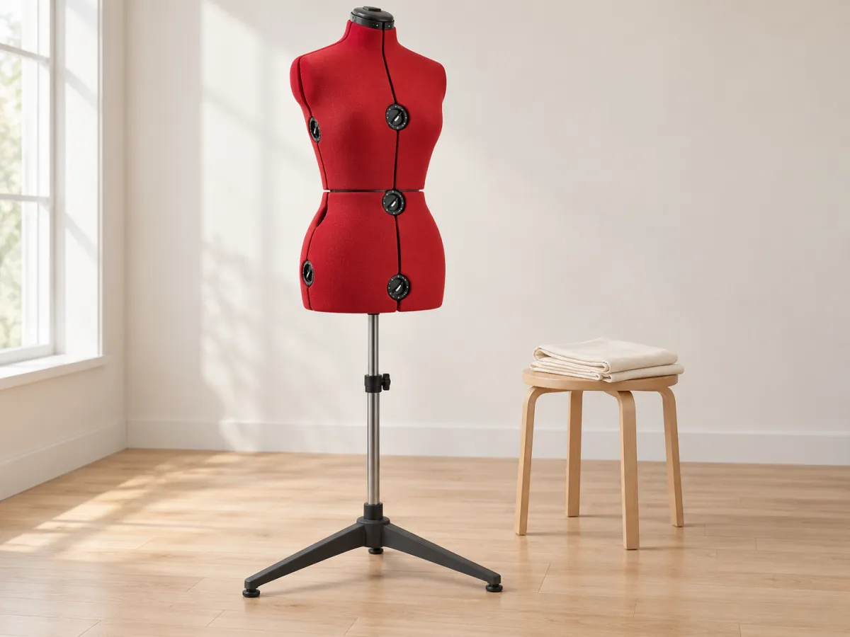 A red paneled adjustable dress form with black dials on a tripod stand, beside folded muslin in a sewing studio.