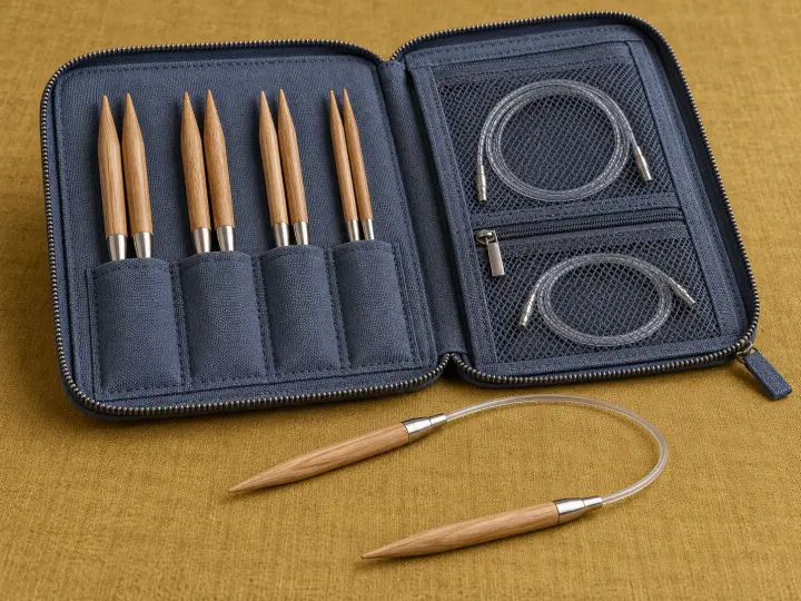 An open blue knitting needle case with paired wooden tips, spare cables and a connected circular needle on mustard fabric.