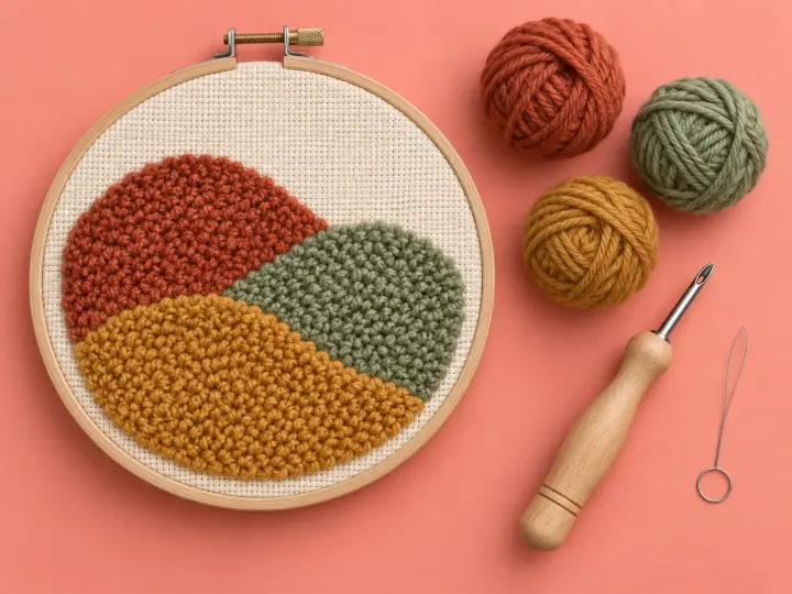 A wooden hoop with a looped rust, sage and ochre hill design, a punch needle tool and matching yarn on a coral mat.