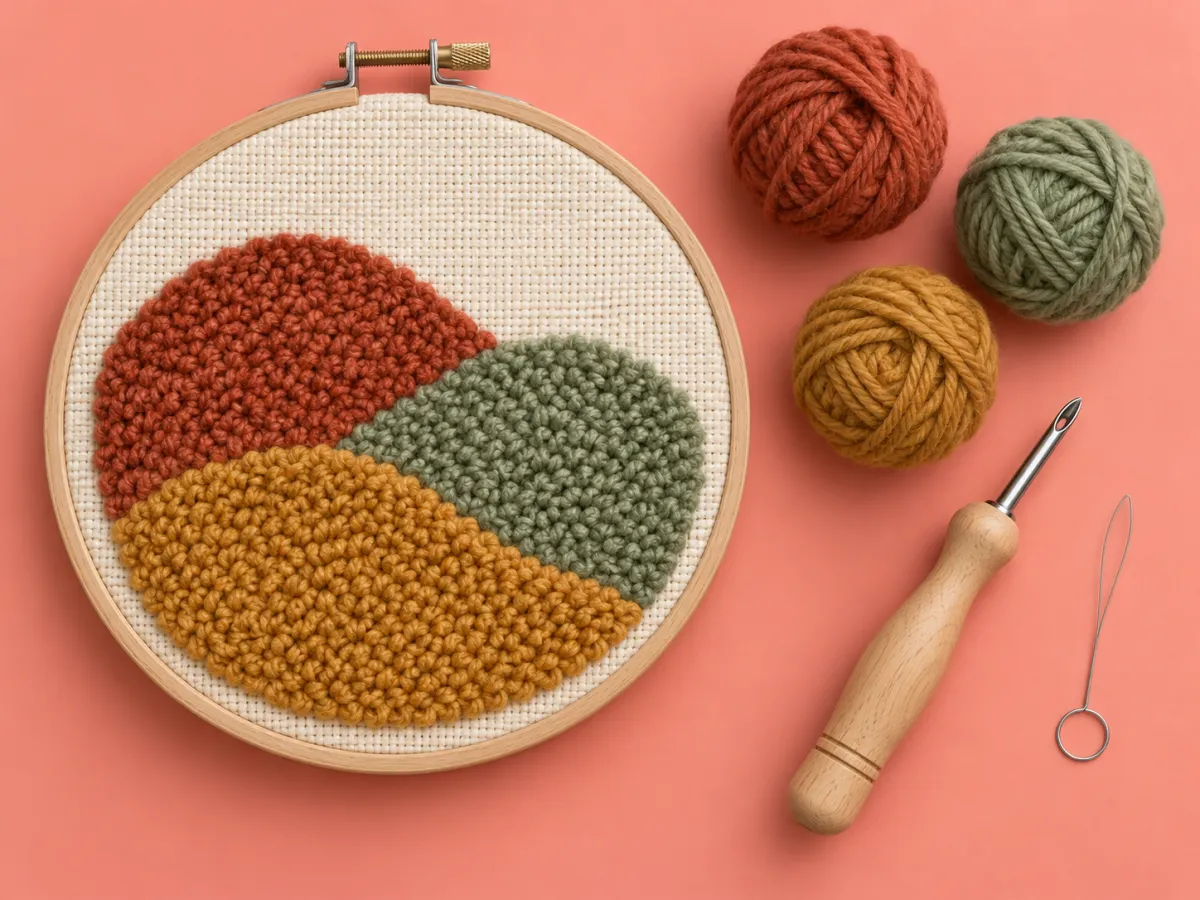 A wooden hoop with a looped rust, sage and ochre hill design, a punch needle tool and matching yarn on a coral mat.