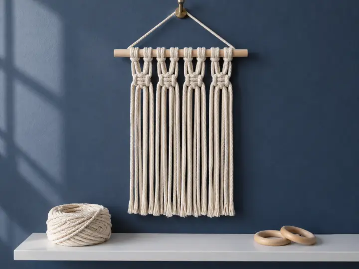 A small natural-cord macramé panel hangs from a wooden dowel against an indigo wall, above spare cord and wooden rings.