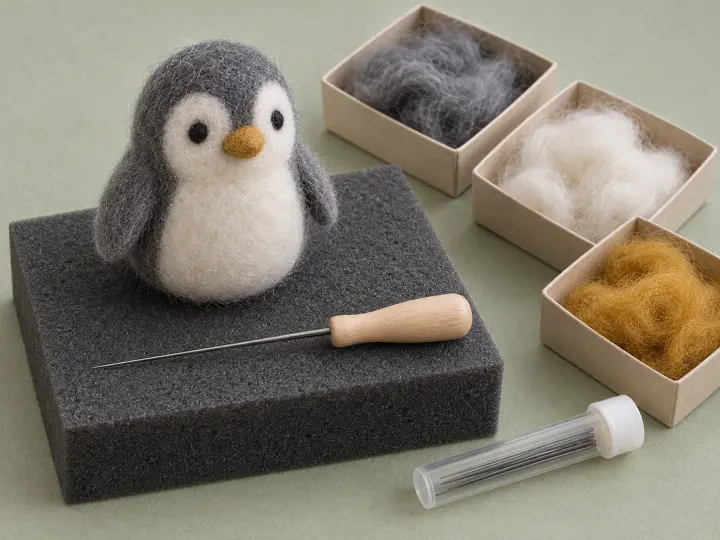 A small gray and white wool penguin on a charcoal felting pad, with loose wool, a felting needle and a closed spare-needle tube.