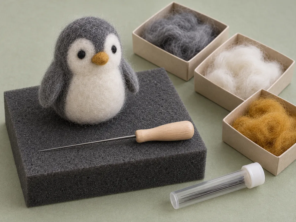 A small gray and white wool penguin on a charcoal felting pad, with loose wool, a felting needle and a closed spare-needle tube.