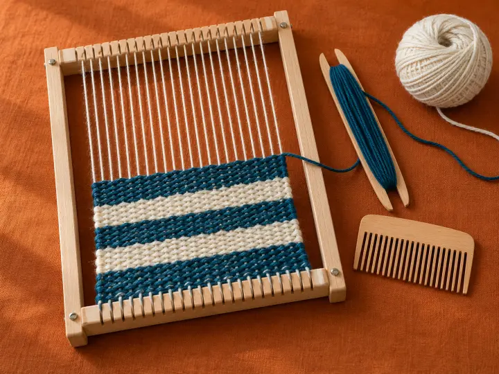 A rectangular wooden loom with cream warp and a half-woven blue and cream striped textile, beside a shuttle, comb and yarn on orange canvas.