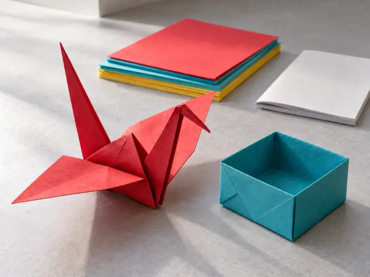 A red folded-paper crane and an open turquoise origami box on a gray surface, with square colored papers and a small closed booklet.