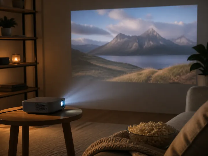 A compact unbranded projector casting a soft abstract landscape image onto a living-room wall.
