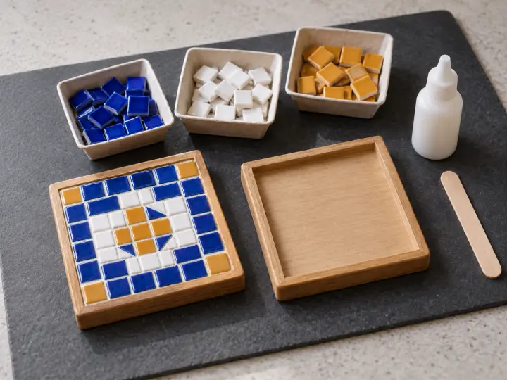 A blue, white and ochre tiled mosaic coaster beside an empty wooden base, loose tiles, adhesive and a spreading stick on a charcoal mat.