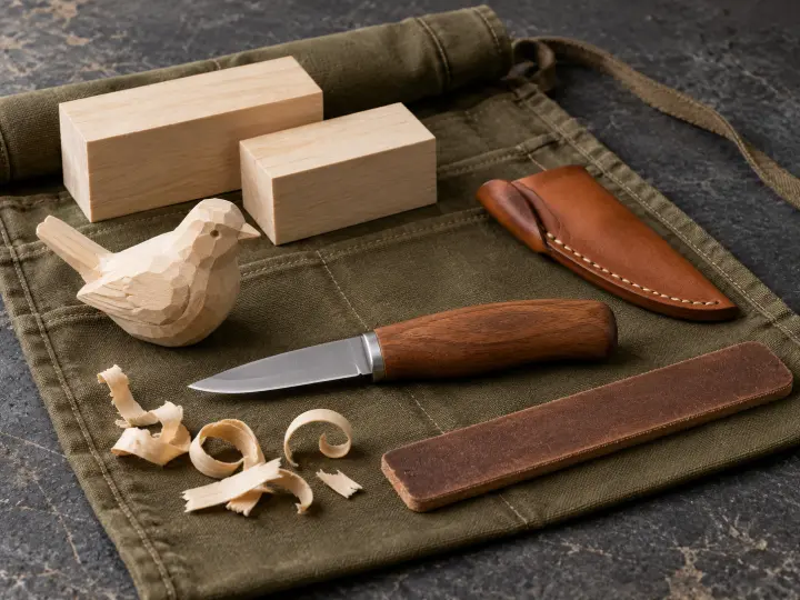 A partly carved pale wooden bird with basswood blocks, a short carving knife, leather sheath, strop and wood shavings on an olive tool roll.