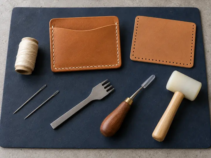 Tan leather card holder and matching pre-punched panel with thread, two needles, stitching chisel, capped awl and nylon mallet on a navy mat.