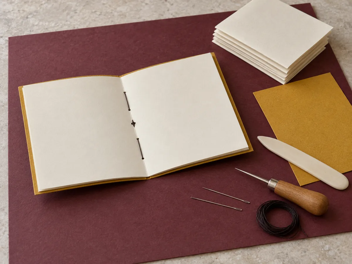 Open mustard-cover notebook with a stitched center fold, folded cream paper, cover card, folding tool, awl, needles and dark thread.