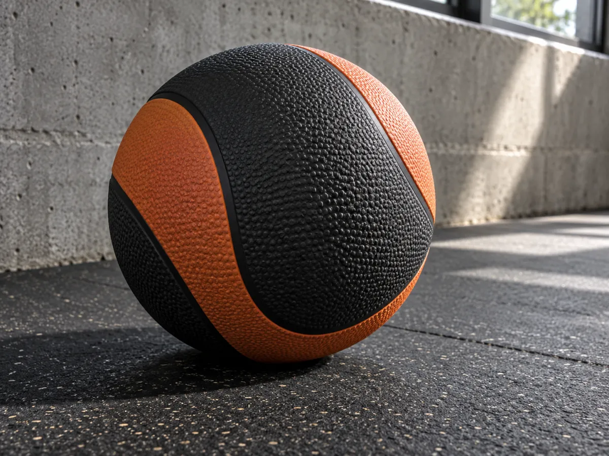 A black and orange textured medicine ball resting on a rubber gym floor.