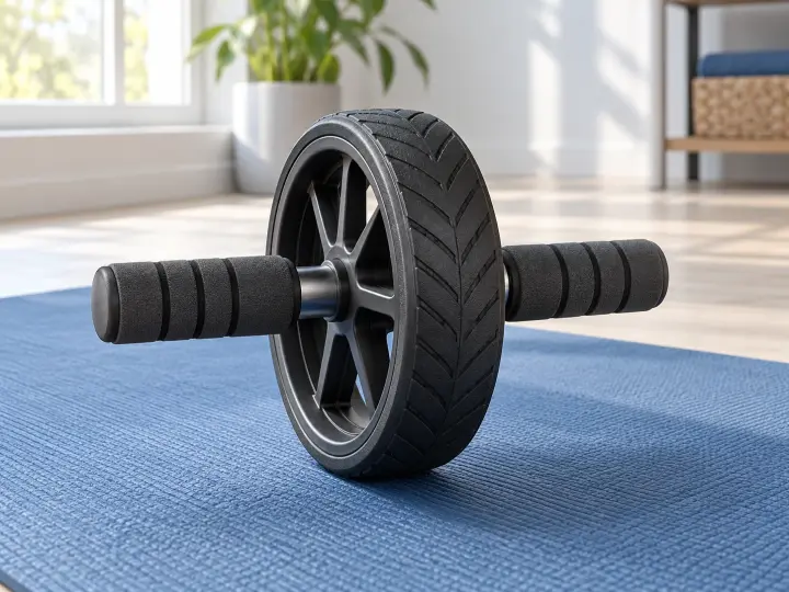 A black ab wheel with foam handles resting on a blue exercise mat.