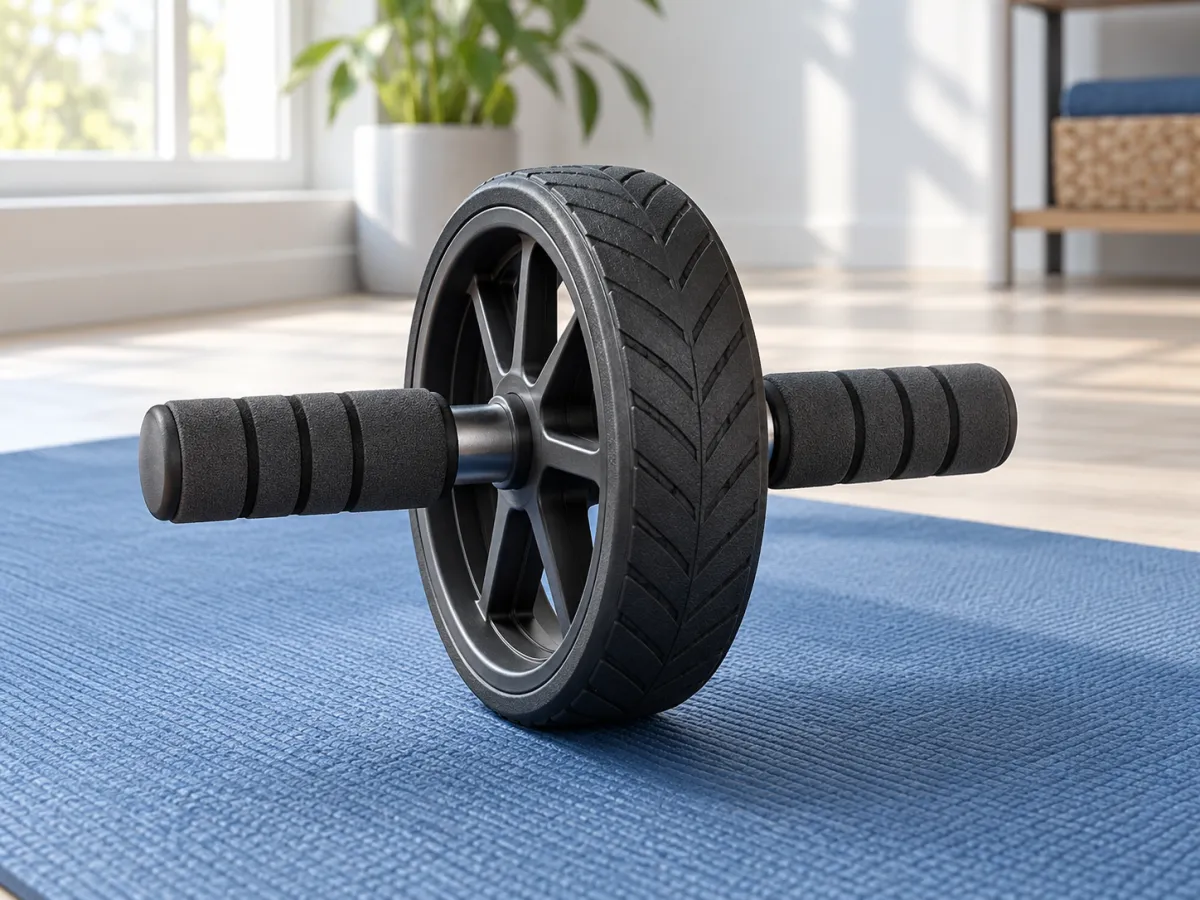 A black ab wheel with foam hand grips on a blue exercise mat.
