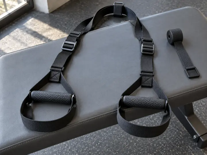 Black suspension training straps with two handles and foot loops laid on a grey gym bench.