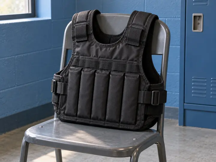 A black weighted exercise vest with padded shoulders and closed weight pockets.