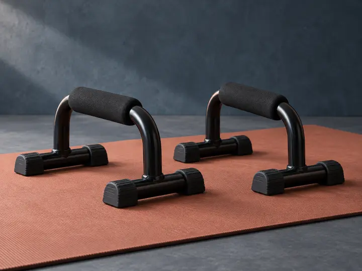 Two black push-up handles with foam grips and stable non-slip feet on an exercise floor.