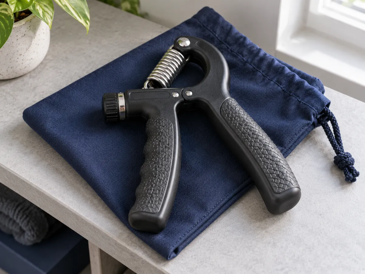 A black adjustable hand gripper with a metal spring and textured handles.