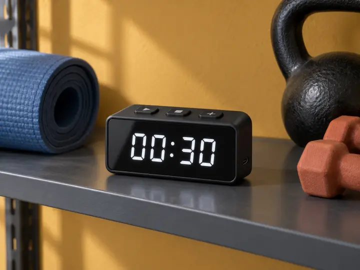 A compact black workout interval timer displaying a clear digital countdown.