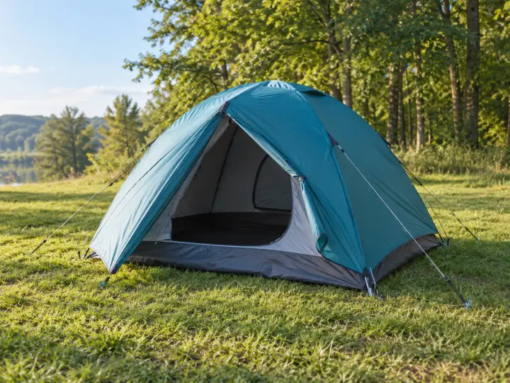 A teal dome camping tent pitched on level grass with an open entrance and guy lines.