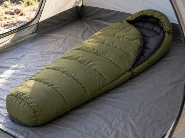 An olive mummy sleeping bag with an open hood and partly unzipped side on a tent groundsheet.