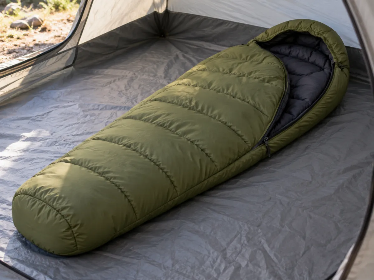An olive mummy sleeping bag with an open hood and partly unzipped side on a tent groundsheet.