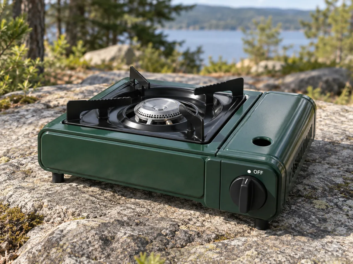 An unlit single-burner camping stove with a closed fuel compartment and control set to OFF on an outdoor stone surface.