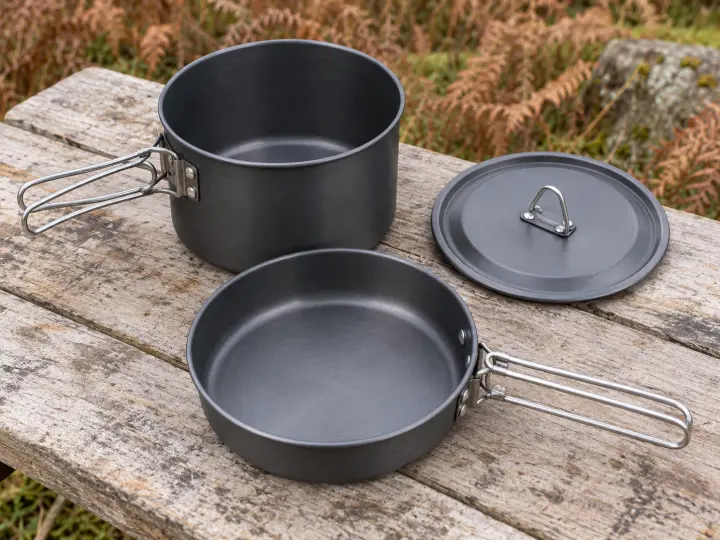 Compact camping pots, a shallow frying pan and fitted lid with folding handles on a campsite preparation surface.
