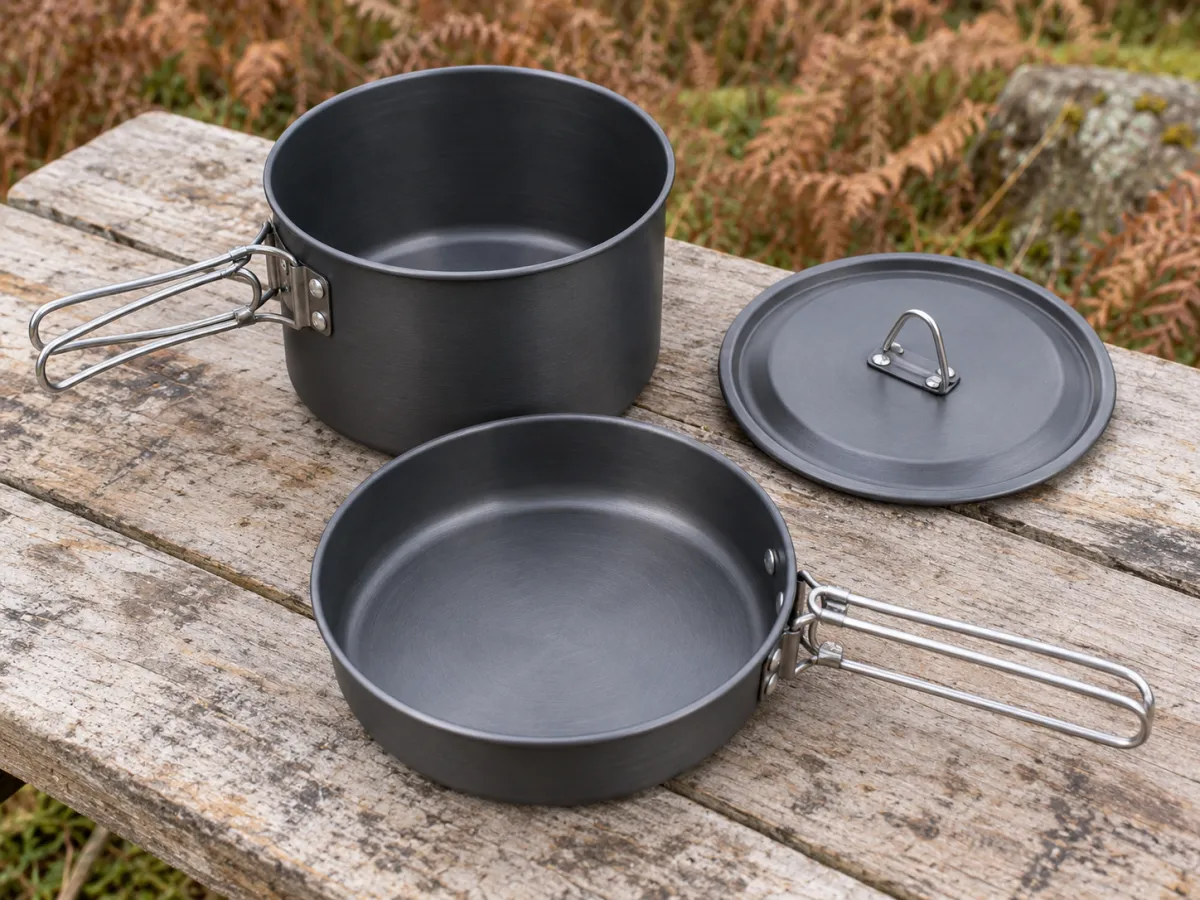 Compact camping pots, a shallow frying pan and fitted lid with folding handles on a campsite preparation surface.