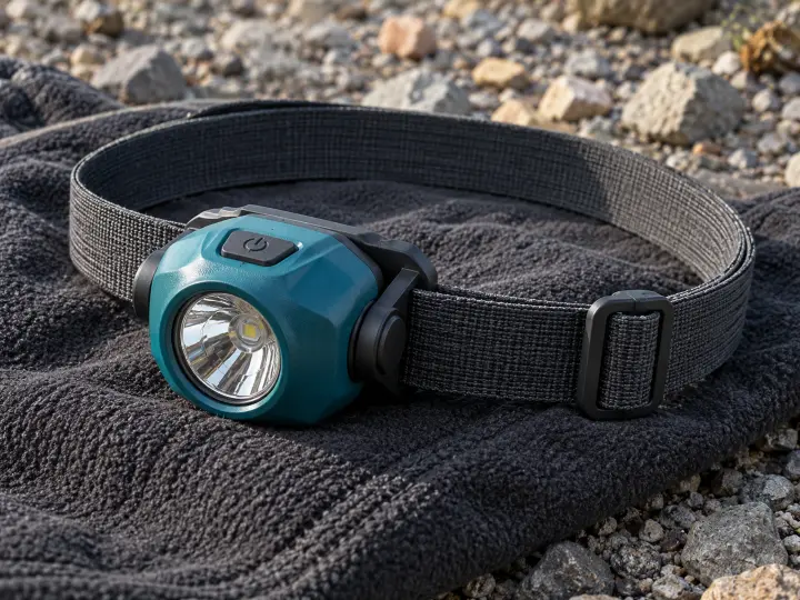 An unlit compact headlamp with a single front lens, tilt bracket and adjustable woven elastic headband.