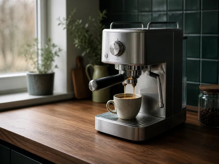 A stainless-steel espresso machine pouring coffee into a ceramic cup on a wooden kitchen counter.