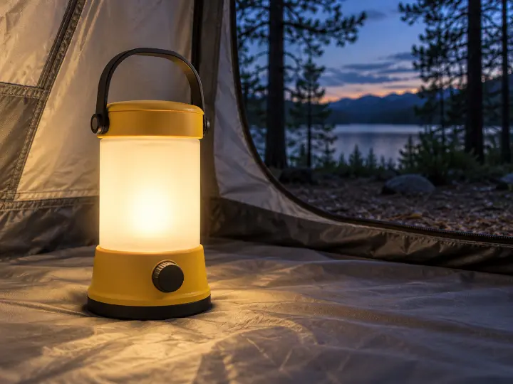 A compact electric camping lantern glowing softly on a tent groundsheet, with its carry handle raised.