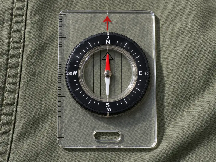 A clear baseplate navigation compass with a red-and-white needle, cardinal markings and rotating bezel.