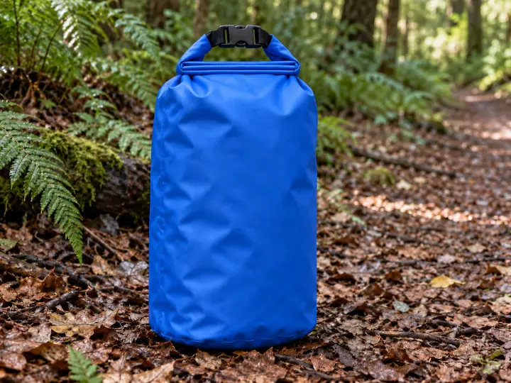A blue roll-top dry bag with its folded closure buckled shut on a woodland path edge.