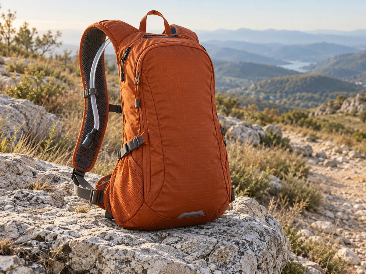 A rust-orange hydration backpack with a secured drinking tube rests on a pale trail boulder.