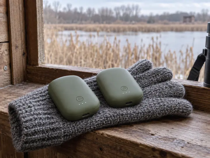 Two compact olive-green rechargeable hand warmers with simple controls on a gray wool glove beside a bird hide window.