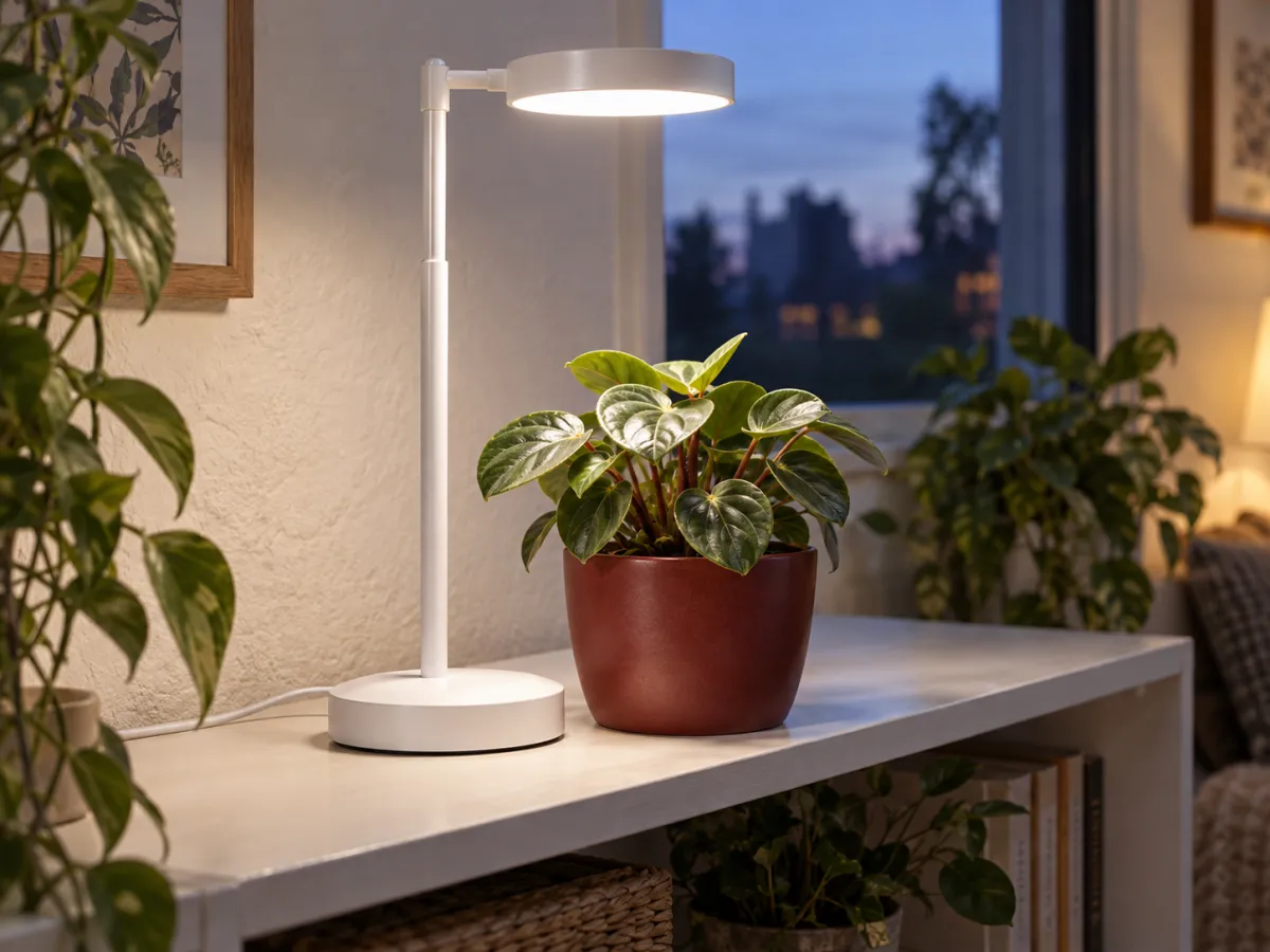 A slim white plant grow light on a round base illuminates a small leafy houseplant on an indoor shelf.