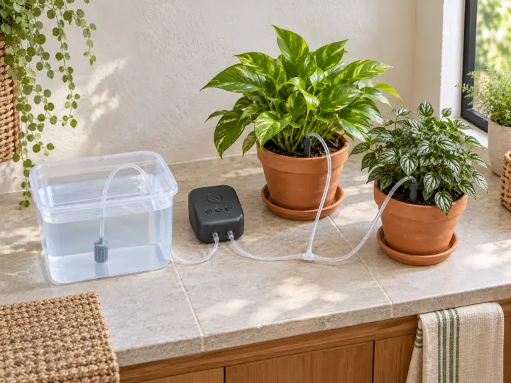An automatic watering controller and a water container feed two potted houseplants through neatly routed tubing.