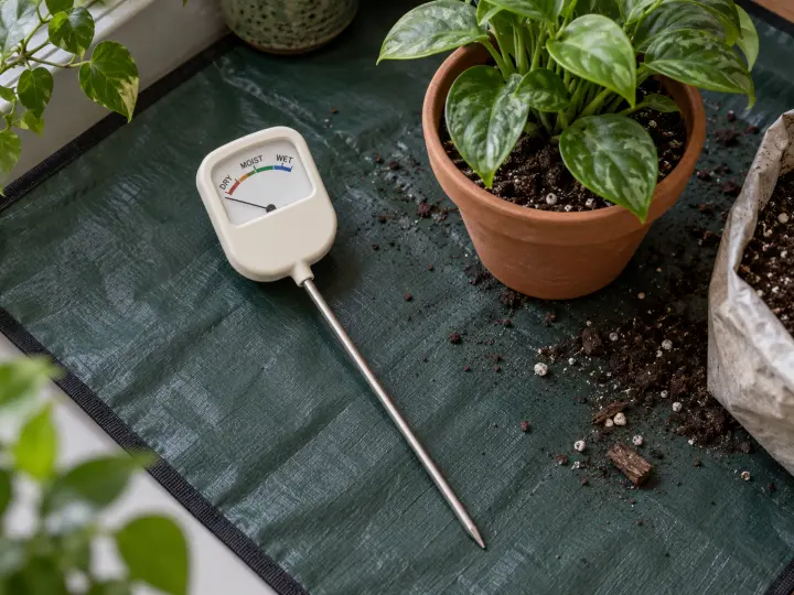 A cream-colored analog plant moisture meter with a single metal probe beside a potted indoor plant.