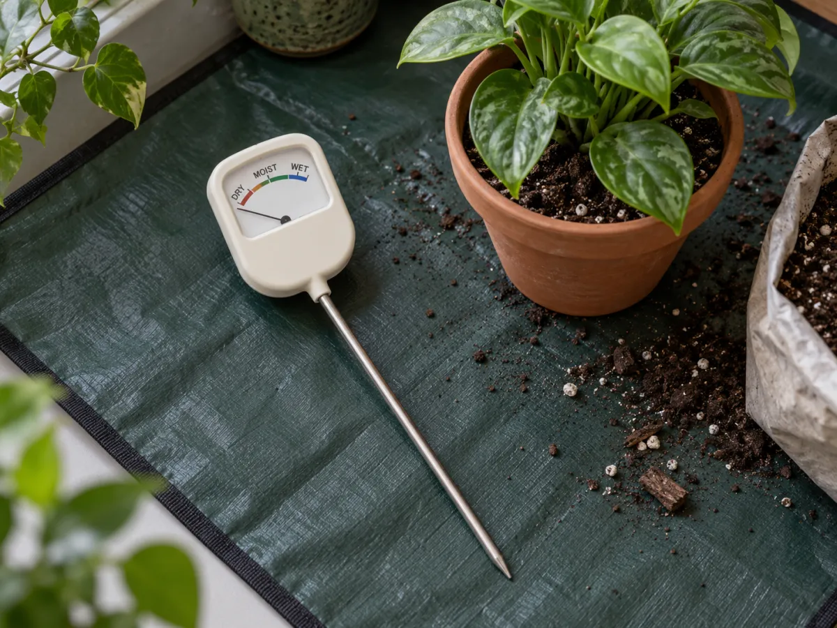 A cream-colored analog plant moisture meter with a single metal probe beside a potted indoor plant.