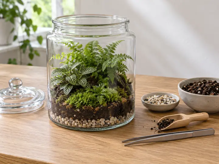 A glass terrarium jar with small ferns and moss beside loose planting materials and miniature tools.