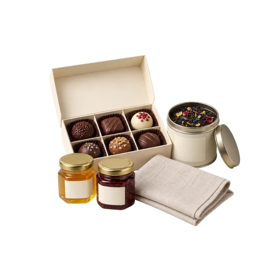 An open box of chocolates beside honey, preserve and loose-leaf tea.