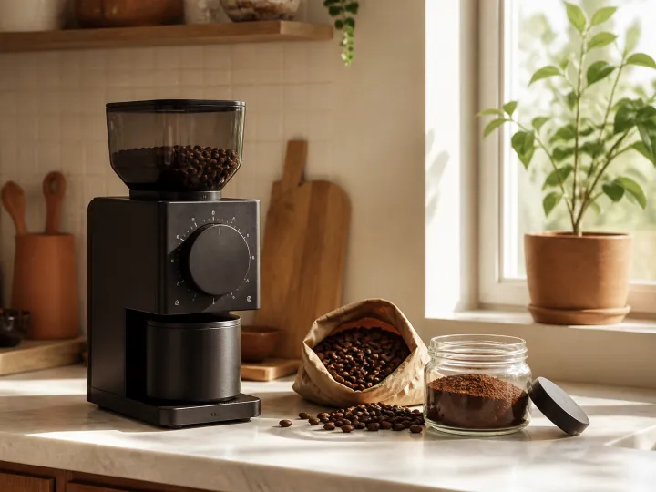 A black burr coffee grinder beside coffee beans and a glass jar of freshly ground coffee.