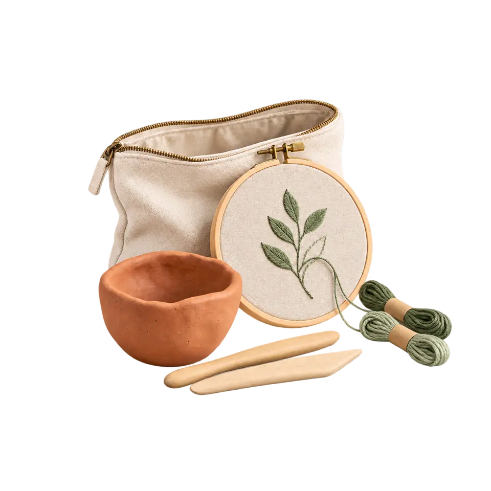 An embroidery hoop with an unfinished leaf design beside yarn, a project pouch, a small clay pot and wooden shaping tools.