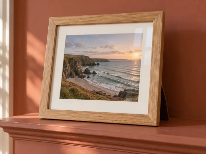 A solid oak picture frame with a cream mat and a coastal photograph stands on a terracotta mantel.