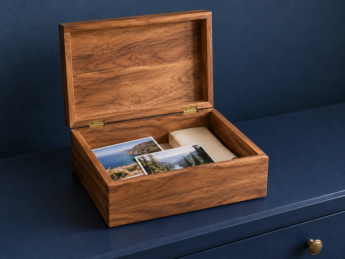 An open wooden keepsake box holds two landscape photographs and a folded letter on a navy dresser.