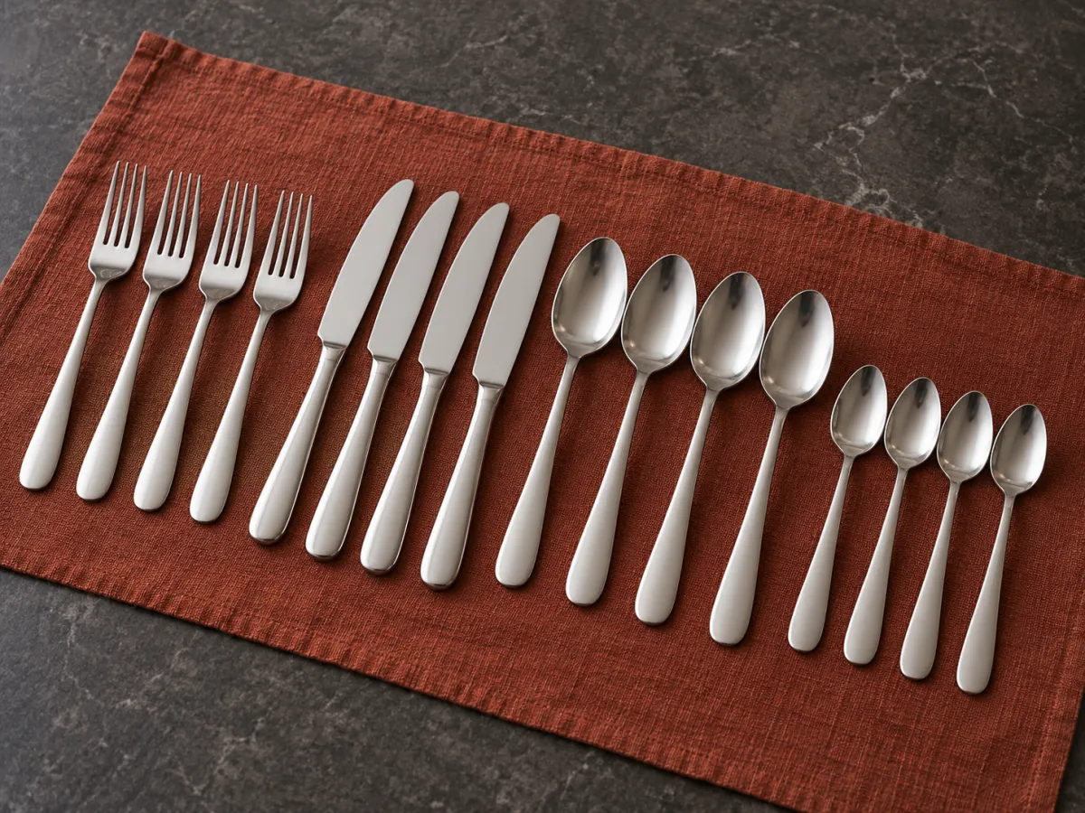 Four dining forks, four rounded dinner knives, four larger spoons and four teaspoons lie on a rust-red cloth.