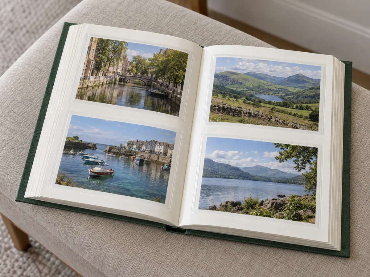 An open green clothbound photo album holds four travel photographs in clear pockets on two facing pages.