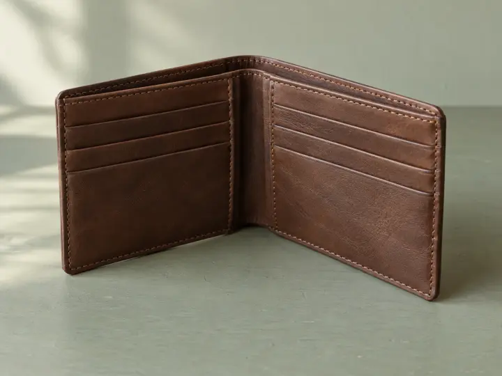 An empty brown leather bifold wallet stands partly open on a muted green desk, showing stitched edges and card slots.